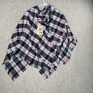 Altare Black Plaid Acrylic Fringed Cape Poncho With Toggle Closure And Tags